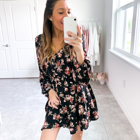 Black Floral Print Long Sleeve Fit & Flare Dress - Picture 13 of 14